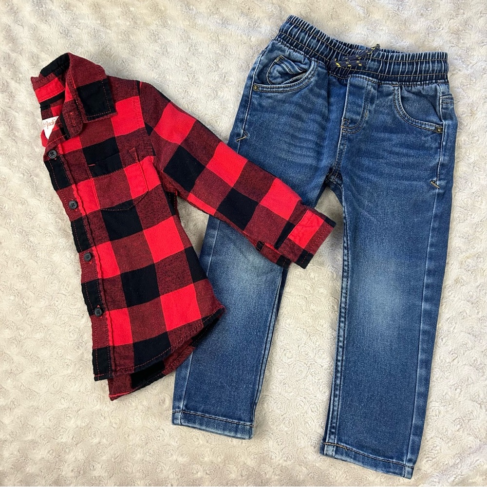 Cat & Jack Toddler Boy Outfit Buffalo Plaid Flannel Shirt Skinny Jeans Size 2T